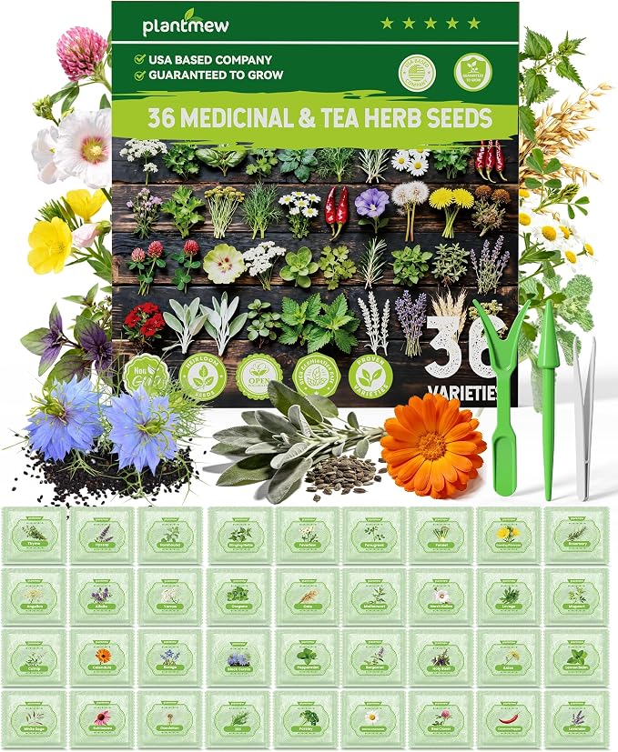 Medicinal Herb Seeds Variety Pack - 36 Non-GMO Herbal Tea Garden Seeds: Chamomile, Lavender, Echinacea, Yarrow, Mugwort for Planting Indoor & Outdoor, Apothecary & Homesteading Supplies