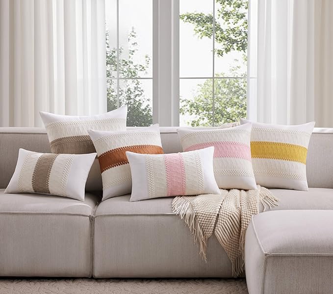 2pk Boho Pillow Covers 20x20, Natural White/Contrast/Caramel | 100% Organic Cotton Body, Stripe Embroidery, Farmhouse Decorative Cushion Covers for Sofa Bed Living Room Home Decor