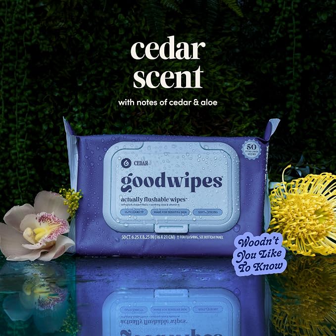 goodwipes Flushable Wipes for Adults - Cedar Butt Wipes for Women & Men, Septic Safe, Toilet & Bathroom Essentials, Extra Large, 318 Count (6 Packs and 1 Travel Pack)