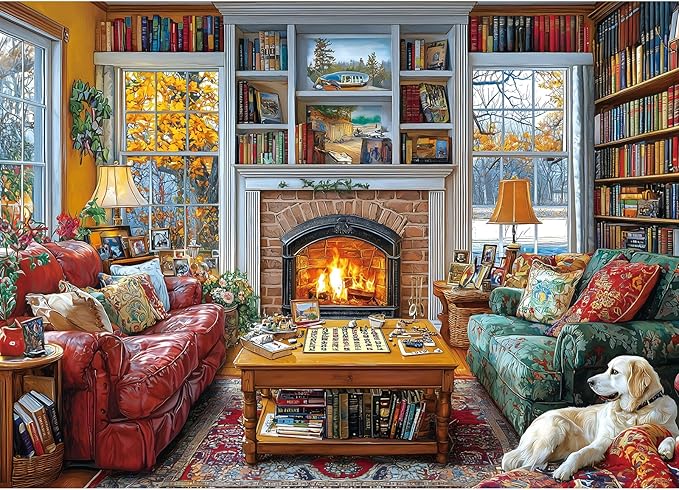 Cozy Reading Room 1000 Piece Jigsaw Puzzle for Adults Winter Library Scene with Fireplace, Books & Dog | Adult Puzzles for Relaxation, Fun Games for Game Night, Unique Mind Puzzles