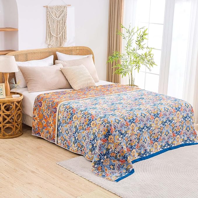 XIBLC Boho Throw Blanket for Bed, 100% Cotton Soft Rustic Quilt Fall Blanket, 50"x60" Floral Printed Farmhouse Decor Bed Blankets, All Season Rustic Reversible Bohemian Throw Quilt