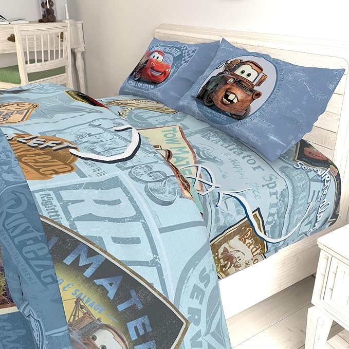 Disney/Pixar Cars Tune Up Blue/Gray 4 Piece Full Sheet Set with Lightning McQueen & Mater (Official Disney/Pixar Product)