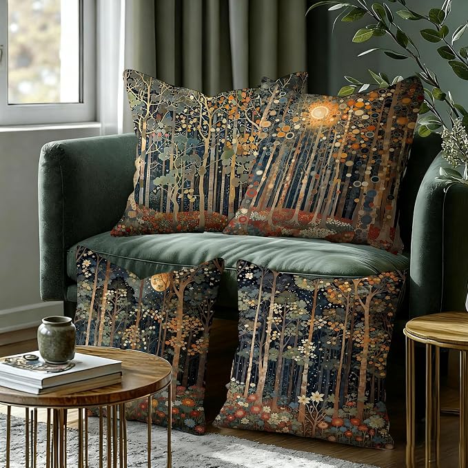 454 Rustic William Morris Style Fall Forest Pillow Covers 22x22 | Fall Autumn Home Room Decor, Vintage Botanical Nature Decorative Throw Pillow Covers for Home Bedroom Living Room Set of 4