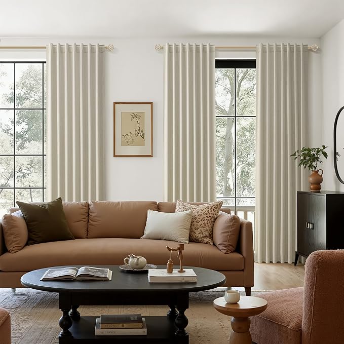 Guken Extra Long 100% Blackout Linen Curtains for Bedroom 102 inches Long, Thermal Insulated Room Darkening Black Out Drapes for Living Room, Back Tab Rod Pocket 2 Panels Set,Eggshell Beige,52x102