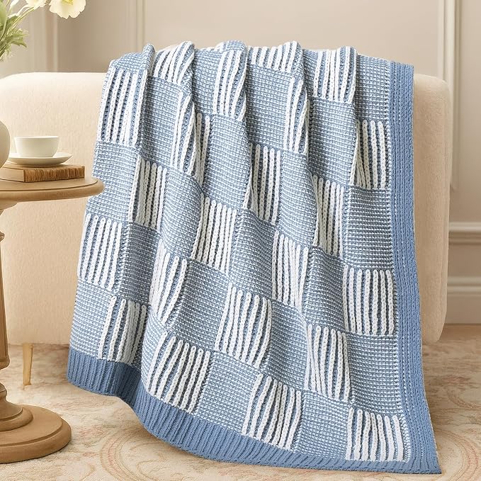 Knit Throw Blanket, Soft Chenille Cozy Breathable Dual Tone Checkered Chunky Decorative Blanket for Couch, Bed & Sofa, French Lightweight Warm Gift for Women, Washed Blue, 50"x60"