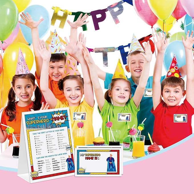 Superhero Theme What's You Superhero Name Game, Baby Shower Game Stickers, Birthday Game, Party Decoration, Activity Game for Office or Class, Package Contains 1 Sign and 30 Name Stickers(wyn13)