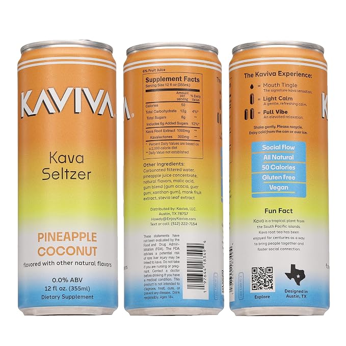 Kaviva | Kava & Seltzer | Relaxation Drink | 50 calories | All Natural | Non-ALC Functional Beverage | Refreshing Alternative | Clean Ingredients