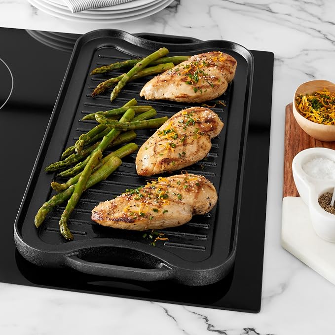 Amazon Basics Pre-Seasoned Cast Iron Reversible Rectangular Grill/Griddle with Even Heat Distribution, Black, 20 x 10.63 x 0.98 inch
