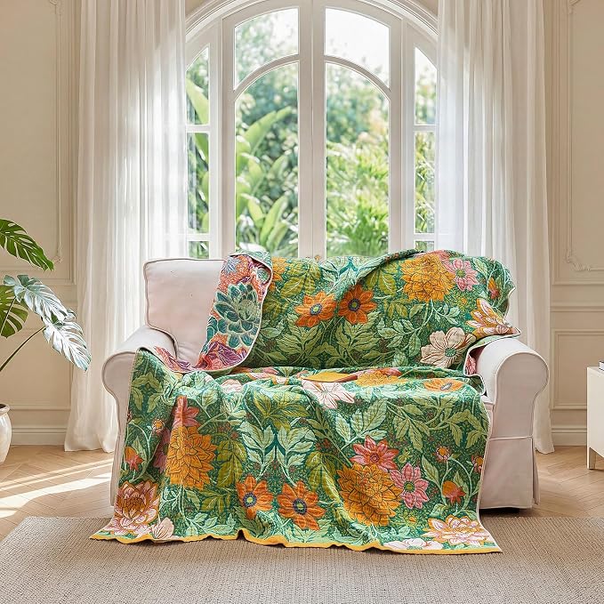 LUTBM Boho Throw Blanket for Couch 50"x60", Cotton Decorative Bed Throw | Green Reversible Floral Embroidery, All-Season Muslin Blankets, For Chair Sofa Bedroom Living Room Decor, Lightweight Gauze