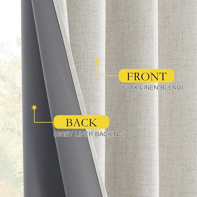 NICETOWN 100% Blackout Linen Curtains 102 inches Long 2 Panels, Thermal Insulated Curtains with Liner for Bedroom, Farmhouse Style Privacy Window Draperies, Alabaster Gray, W52 per Panel