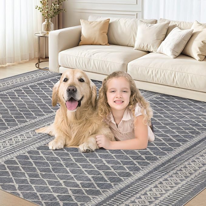 cotiled 9x12 Area Rugs Living Room Rug: Washable Boho Rugs with Non Slip Backing Large Soft Indoor Stain Resistant Carpet for Bedroom Farmhouse Dining Room Lightweight Home Decor Charcoal Grey