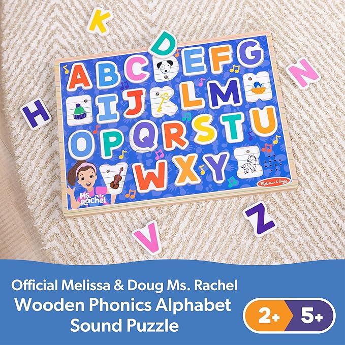 Melissa & Doug® Ms. Rachel™ Wooden Phonics Alphabet Sound Puzzle with Light-Activated Sound Effects, 26-Piece Toddler Toys for Boys and Girls Ages 2+ Years - FSC Certified