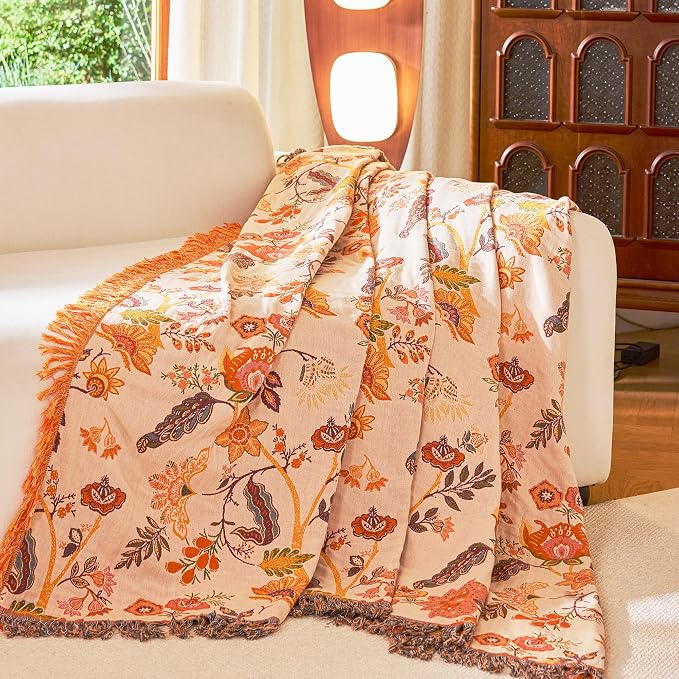 VANJOROY Boho Throw Blanket 60" x 80", 100% Organic Cotton Breathable Skin-Friendly Ultra Soft Bed Quilt Throw - Floral Rustic Decor Luxury Reversible Blanket for Sofa Couch Chair and Gift,