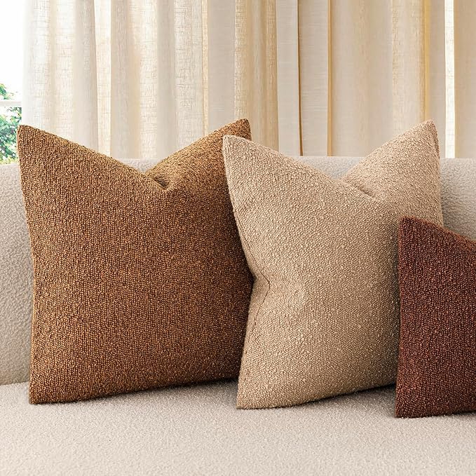 Foindtower Set of 2, Decorative Textured Boucle Throw Pillow Covers Accent Solid Pillow Cases Neutral Soft Cozy Couch Cushion Case for Chair Sofa Bedroom Living Room Home Decor 16x16 Inch Hazel Brown