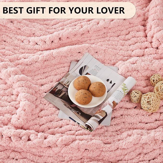 L'AGRATY Chunky Knit Throw Blanket for Couch, 80'' x 90'' Knit Throw, Pink | Handmade Chenille Crochet Blanket for Sofa Bed, Thick Cable Knitted Blankets for Room Home Decor, Birthday Gift for Women Mom