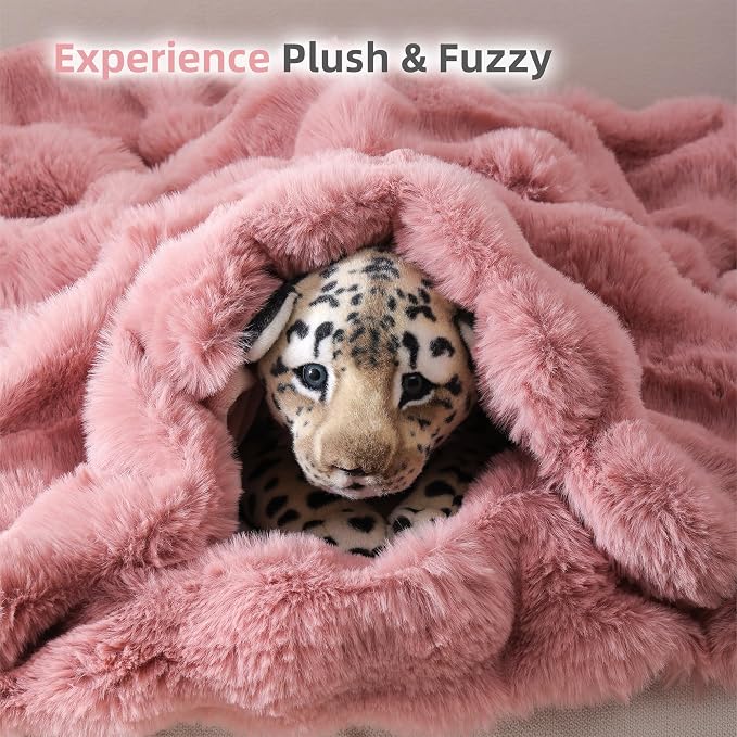 Faux Rabbit Fur Throw for Couch - Old Pink Bubble Blanket 60"x80" | Fluffy Plush Fuzzy Throw for Sofa & Bed, Super Soft Cozy Comfrt Blanket, Luxury Aesthetic Pink Decor Gift for Women