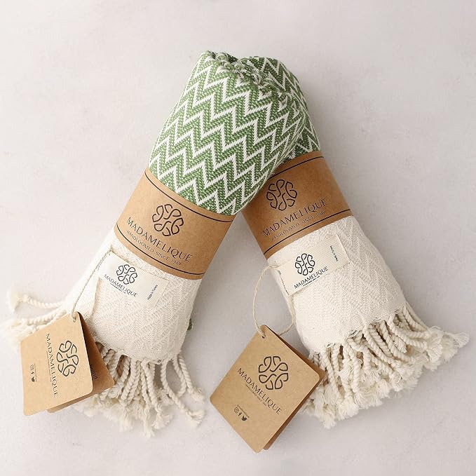 Madamelique Exclusive Hand Towels Set of 2-18 x 40 Inches - Decorative Bathroom Peshtemal Towel for Hand, Face, Hair, Yoga, Tea, Dishcloth, Kitchen and Bath - 100% Pure Cotton (Olive)