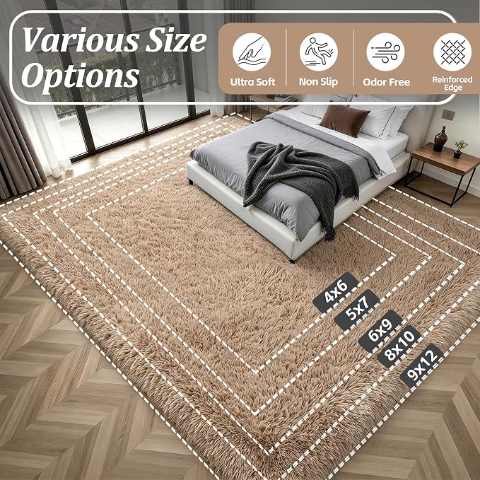 6x9 Area Rugs for Living Room Bedroom: Ultra Soft Fluffy Shag Rug Upgrade Non-Slip Non-Shedding Large Fuzzy Plush Carpet Indoor Floor Carpets for Kids Room Playroom Nursery Dorms Home Decor Beige