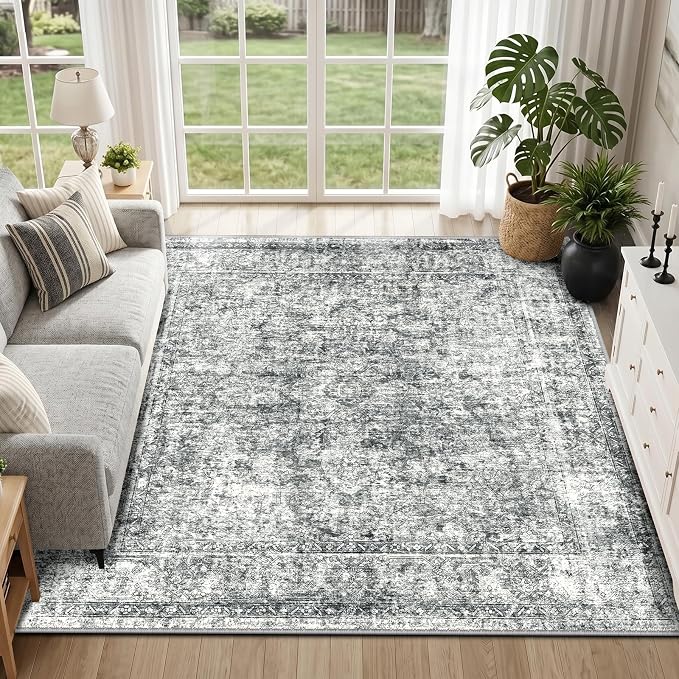 CAPALOCA Square 8ft Washable Nursery Girls Low Pile Area Rug Grey | Non-Slip Soft Rugs for Bedroom Kids Playroom Living Room, Print Pattern Water Repellent Carpet Indoor Decor
