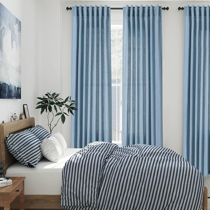 Nanspring Blue Linen Curtains for Living Room 2 Panels Set Extra Long Back Tab Light Filtering Semi Sheer Curtain Drapes for Bedroom Neutral Farmhouse Ceiling to Floor for Large Window 52x100