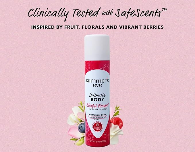 Summer’s Eve Blissful Escape Feminine Dry Spray Deodorant, Daily Intimate Body Spray, Neutralizes Odor, pH Balanced, Talc Free, Gentle Fresh Scent, 2 Ounce (Pack of 4)