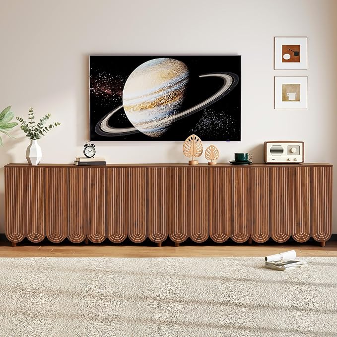 weselon Buffet Cabinet Set of 2, Arched 4-Door Sideboard with Adjustable Shelves, Push-to-Open & Soft-Close Hinges, Solid Wood Legs Storage Cabinet for Coffee Bar TV Console (Walnut)