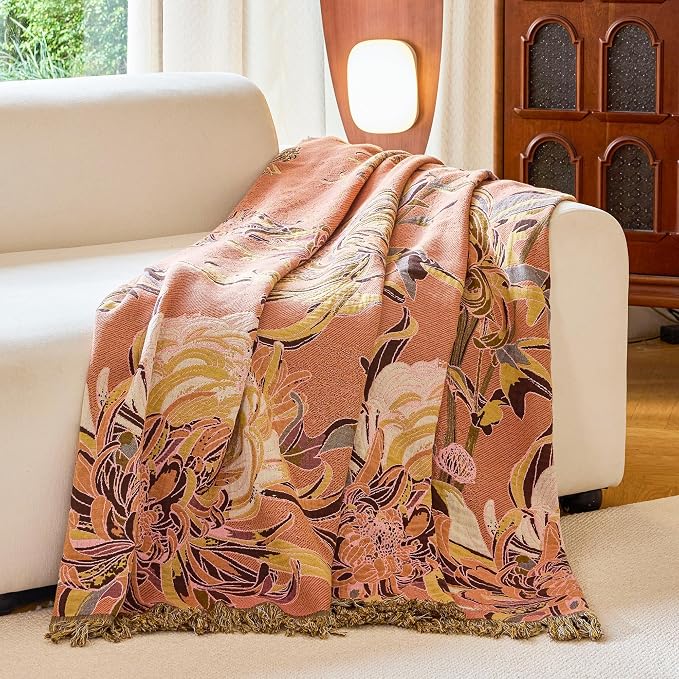 VANJOROY King Boho Throw Blanket 91" x 98", 100% Organic Cotton Breathable Skin-Friendly Ultra Soft Bed Quilt Throw - Floral Rustic Decor Luxury Reversible Blanket for Sofa Couch Chair and Gift