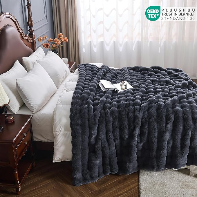 Faux Fur Throw Blanket for Couch, Fluffy Fuzzy Plush Bubble Blanket, Soft Warm Cozy Shaggy Rabbit Blanket, Luxury Decorative Gifts for Sofa Bedroom Living Room, 60x50inch (Grey)