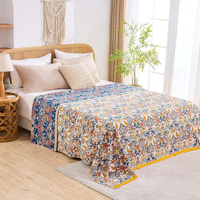 XIBLC Boho Blanket Throw Quilt, 100% Cotton Soft Light Weight Throw Blankets for Summer, 60"x80" Farmhouse Flower Decorative Blankets, All Season Rustic Reversible Bohemian Throw Quilt