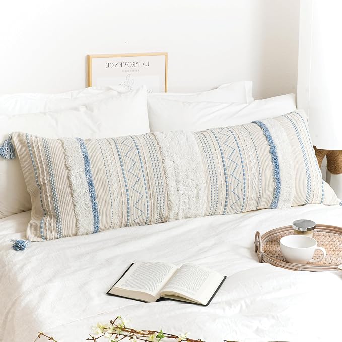 20X54 Oversized Large Lumbar Pillow Cover for Bed, Rectangular Long Decorative Throw Pillowcase, Cotton Boho Accent Cushion with Blue Tufted Pattern and Tassels, Cream Neutral (Cover Only)