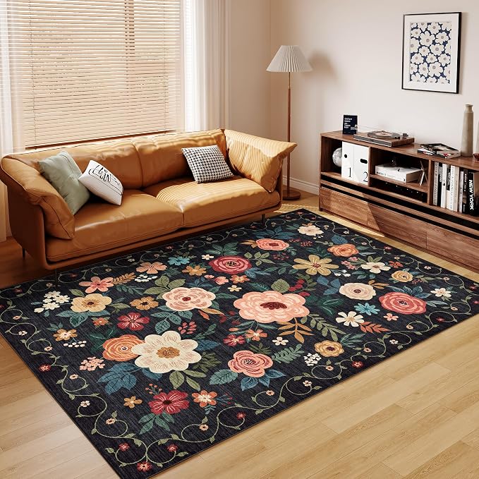 DUKINO 5x8 Area Rug for Bedroom, Soft Floral Washable Rug Non Slip, Black | Low Pile, Non-Shedding Thin Indoor Rug for Living Room, Dining Room, Kids Room, Office, Nursery, Pet Friendly, Home Decor