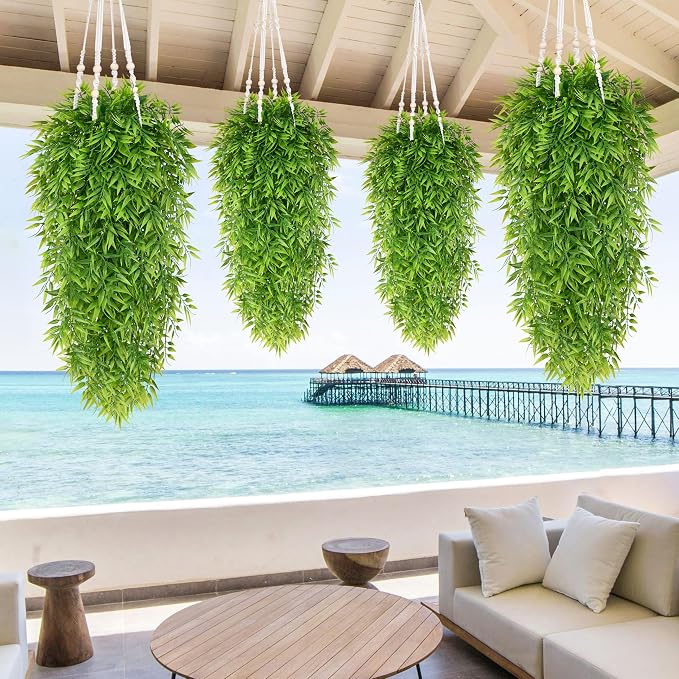 Waipfaru 4Pcs Artificial Hanging Plants, Fake Willow Leaves Vines | UV Resistant Faux Outdoor Plants Ivy Vines for Modern Boho Patio Outdoor Indoor Party Wall Porch Gazebo Aesthetic Decor