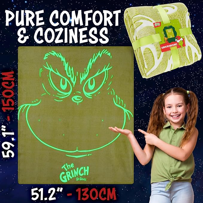 The Grinch Glow in The Dark Throw Blanket 51x59” for Kids Teens Adults, Soft Fleece Blanket for Sofa Bed, Cozy Warm Gifts for Kids (Green Grinch)