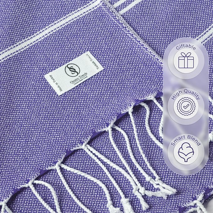Ossano Turkish Beach Towel Compact & Soft Extra Large (39" x 71") - Quick Dry, Versatile and Functional as Yoga Mat, Picnic Blanket/Travel Blanket, Bath, Shower and Pool Towel - Purple