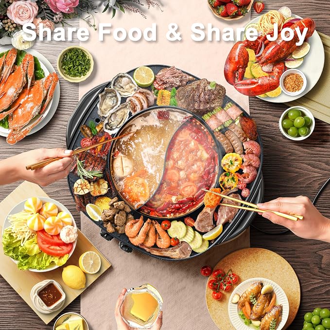 Stariver Hot Pot Electric with Grill 2 in 1, Korean BBQ & Shabu Shabu Pot | Smokeless Indoor Grill, Non-Stick, 1800W Fast Heating, Dual Temp Control, Perfect for Family Dinner, Friends Party, Holiday