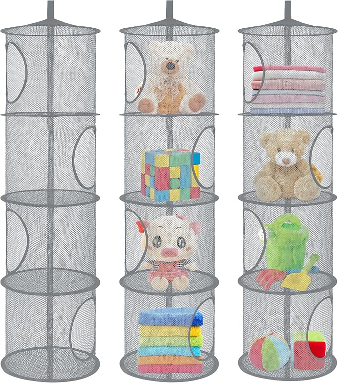 3Pcs Hanging Mesh Space Saver Bags Organizer, Foldable Storage Organizer 4 Compartments Toy Storage Organizer for Kid Room Toys, Gloves,Hats,Socks Storage (Grey)