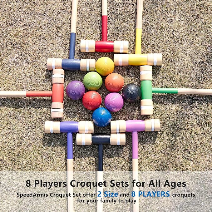 SpeedArmis 8 Players Croquet Set with 32In Regulation | 28In Standard Size Rubber Wood Mallets, Colored PE Ball, Wickets, 21In End Stakes - Lawn Backyard Game Kit for Teens/Adults/Family
