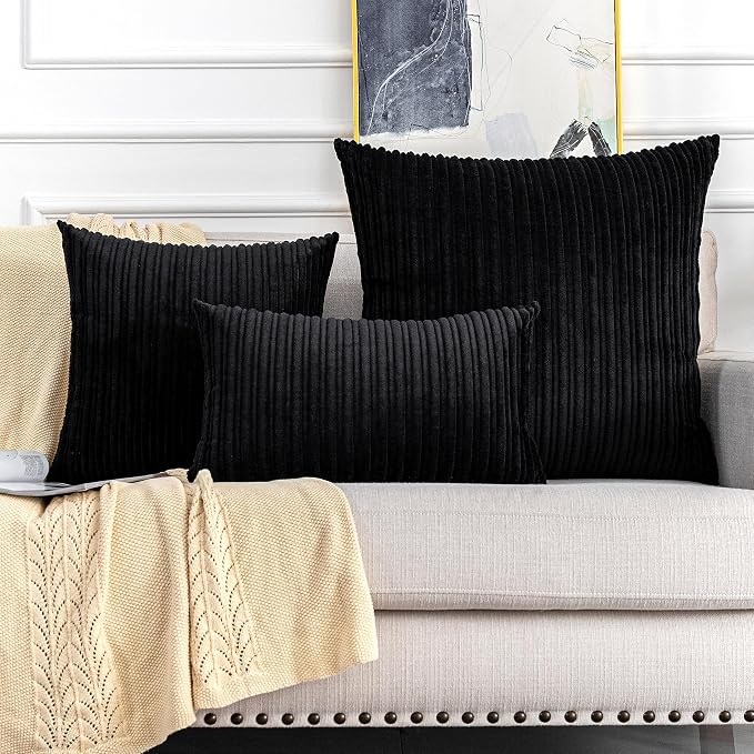 UGASA Striped Textured Velvet Corduroy Pillow Covers Decorative Sham Throw Pillow Cushion Cover for Couch, 2 Pcs, (50x50cm, 20inch), Black