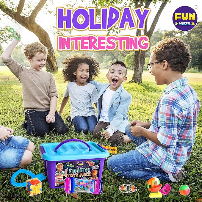 Fidget Pack Box for Boys Girls 4-12, FunKidz Fidget Toys for Kids 5-7 Autistic Sensory Mystery Birthday Gifts in Reusable Portable Treasure Box Nice Party Favors
