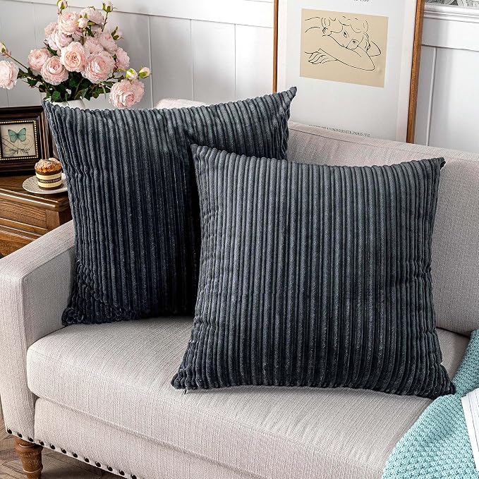 UGASA Corduroy Striped Soft Soild Decorative Square Throw Pillow Covers Set Cushion Cases Pillowcases for Sofa Bedroom, 1 Pc, 20x20inch, Dark Grey