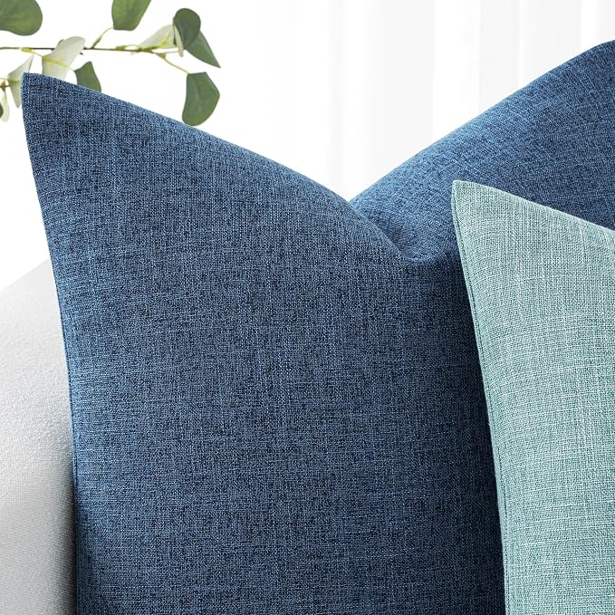 MIULEE 26x26 Inch Euro Linen Burlap Pillow Covers, Set of 2 Large Square Farmhouse Boho Decorative Pillows - Blue Home Decor for King Bed, Sofa, Couch, Bedroom,Livingroom