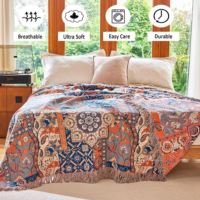 VANJOROY Boho Throw Blanket for Bed Couch 80" x 90", 100% Organic Cotton Skin-Friendly Ultra Soft Quilt Throw - Floral Rustic Living Room Decor Luxury Reversible Blanket for Sofa Chair and Gift