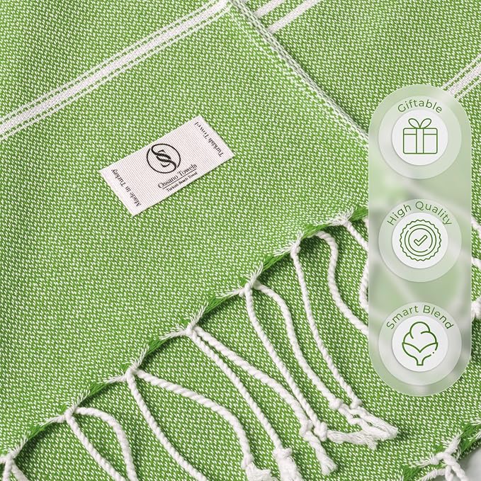 Ossano Turkish Beach Towel Absorbent & Lightweight Oversized (39" x 71") - Quick Dry, Versatile and Functional as Yoga Mat, Picnic Blanket, Travel Blanket, Bath, Gym, Camping Towel - Pistachio Green