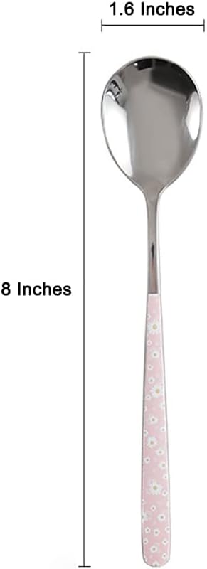 Stainless Steel Soup Spoon,Korean Dessert Pink Daisy Mixed Color Spoon for Home, Kitchen or Restaurant, Set of 4 Pink Daisy Colour Soup Spoons, 8 Inches.