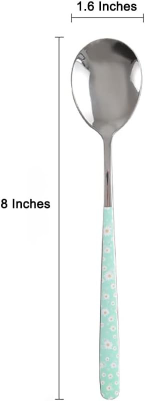 Stainless Steel Soup Spoon,Korean Dessert Spoon,Green Daisy Mixed Color Spoon for Home, Kitchen or Restaurant, Set of 4 Green Daisy Colour Soup Spoons, 8 Inches.