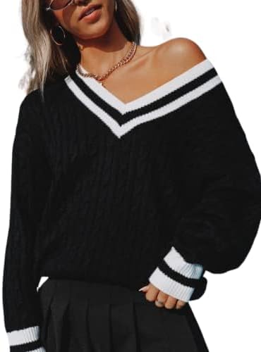 InterNos Women's Casual V Neck Long Sleeve Sweater Trendy Striped Pullover Cable Knit Preppy Sweaters