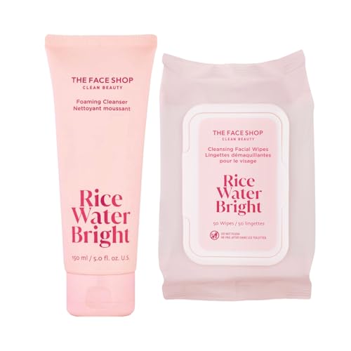 The Face Shop Korean Rice Cleansing Duo – Rice Extract Double Cleansing Foam & Makeup Wipes for All Skin Types
