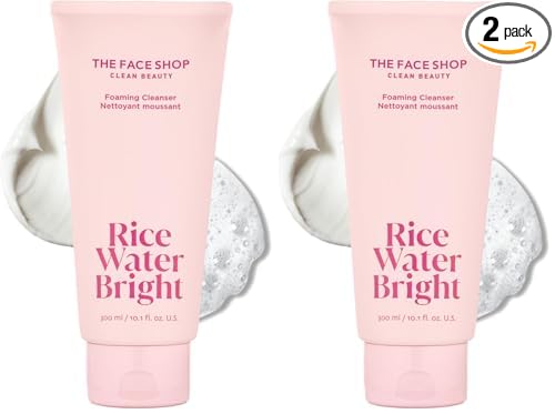The Face Shop Rice Water Bright Foaming Cleanser, Hydrating Korean Face Wash with Ceramides, Deep Pore Cleansing, All Skin Types, Gentle Skincare, Vegan, 10.1 fl. oz. (Pack of 2)