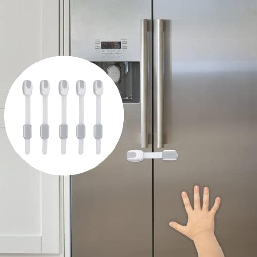 5-Pack Child Proof Cabinet Latches for Drawers, Cupboards, Fridge Toilet Seat, Dishwashers, Trash Can, Up to 37lb Pull Force - Adjustable Length, 3M Adhesive, No Drilling Child Safety Locks, Gray