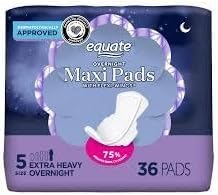 Equate Overnight Feminine Pads with Wings, Extra Heavy Flow, Size 5, Unscented, 36 Count (Pack of 2) – 72 Pads Total
